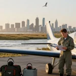 Pilot license training near me showcased with student examining aircraft manual next to a Cirrus plane, inspiring coastal sunrise.