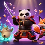 Memenangkan slot gacor dengan panda samurai dan rubah ninja dalam suasana penuh warna dan energi.