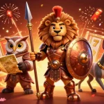Spin the jackpot reels at slot gacor with the Spartan lion and friends in a festive casino scene.