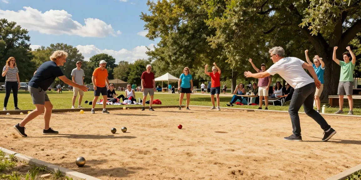 Petanque di fopikotabitung.org dengan pemain beragam di taman, suasana dinamis dan ceria.