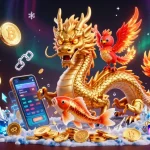 SANDIBET showcases an exciting scene with a dragon, phoenix, and koi fish amidst cryptocurrency elements.
