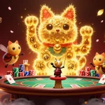 Engage with ทางเข้า SBOBET as golden fireflies create a lucky cat amidst vibrant casino action.