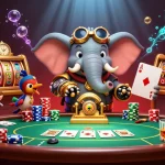 Experience the excitement of bandar toto with a steampunk elephant at the golden slot machine surrounded by poker action.