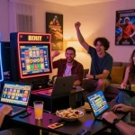 Players enjoying bonus buy slots at home, showcasing vibrant gaming atmosphere.