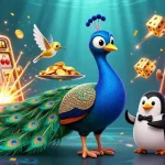 Spin the reels at 777, featuring a vibrant peacock and penguin amid a jackpot explosion.