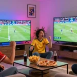 Friends enjoying a Kora live match in a lively living room setting.