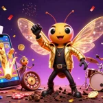 Spin slot online reels with a vibrant cicada rock star, celebrating wins in a colorful casino scene.