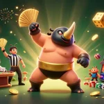 Experience Baccarat formula in this vibrant casino scene with a beetle champion and playing cards.