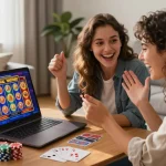 Couple enjoying online gaming experience on thegbhouse.co.uk with vibrant casino graphics, chips, and cards.