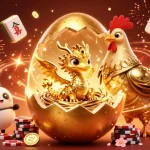 Gambarlah link janda4d yang menarik dengan naga emas di antara chip poker dan dekorasi meriah.