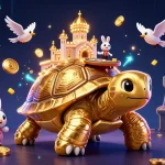 Engage with angka togel online through an exciting scene of a tortoise casino, a dealer, and flying coins.