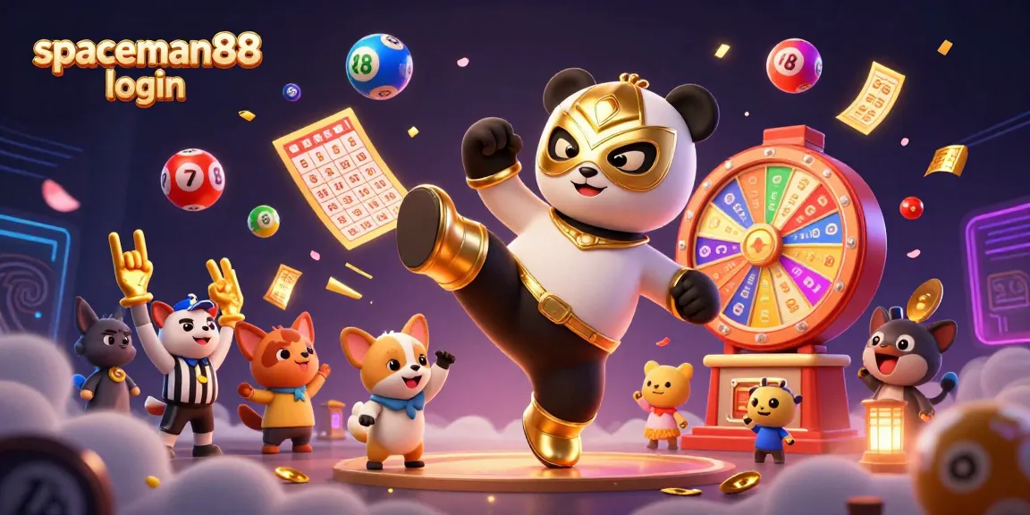Engage with the excitements of spaceman88 login as a panda wrestler kicks through colorful lottery elements at a vibrant casino scene.